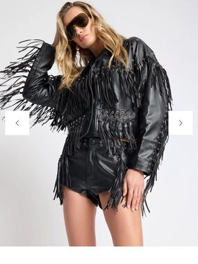 One Teaspoon Rogue Rodeo Black Fringe Leather Jacket with Eyelet Detail medium